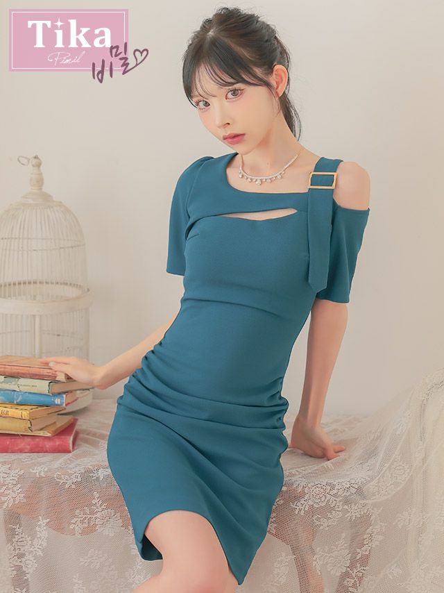 キャバドレス 韓国ドレス ワンショルダー風 バストカット アシメショルダー ワンカラー 半袖 タイトミニドレス