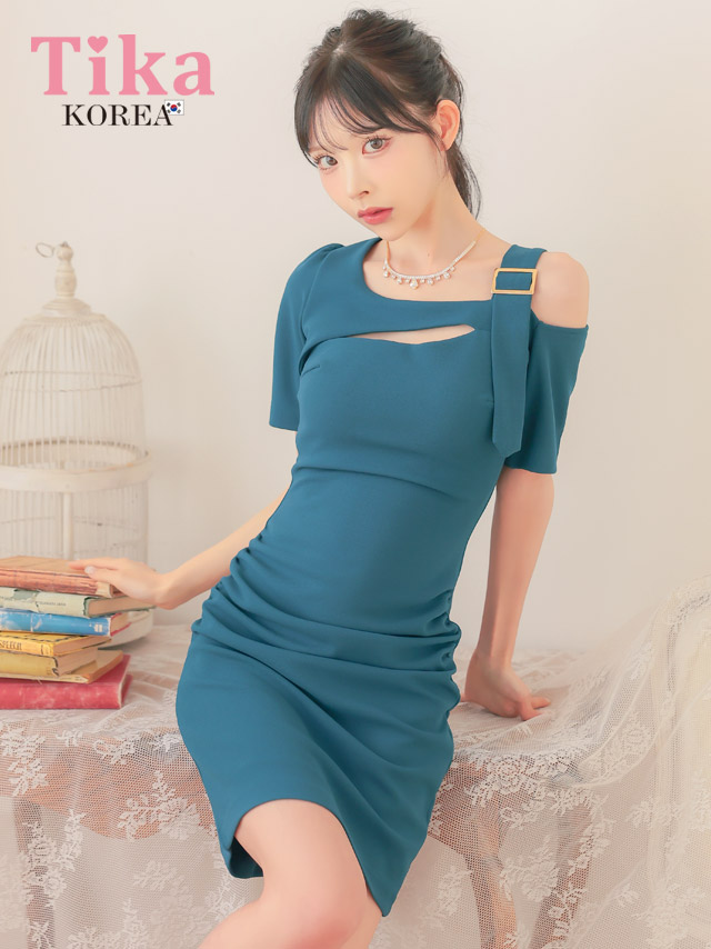 キャバドレス 韓国ドレス ワンショルダー風 バストカット アシメショルダー ワンカラー 半袖 タイトミニドレス
