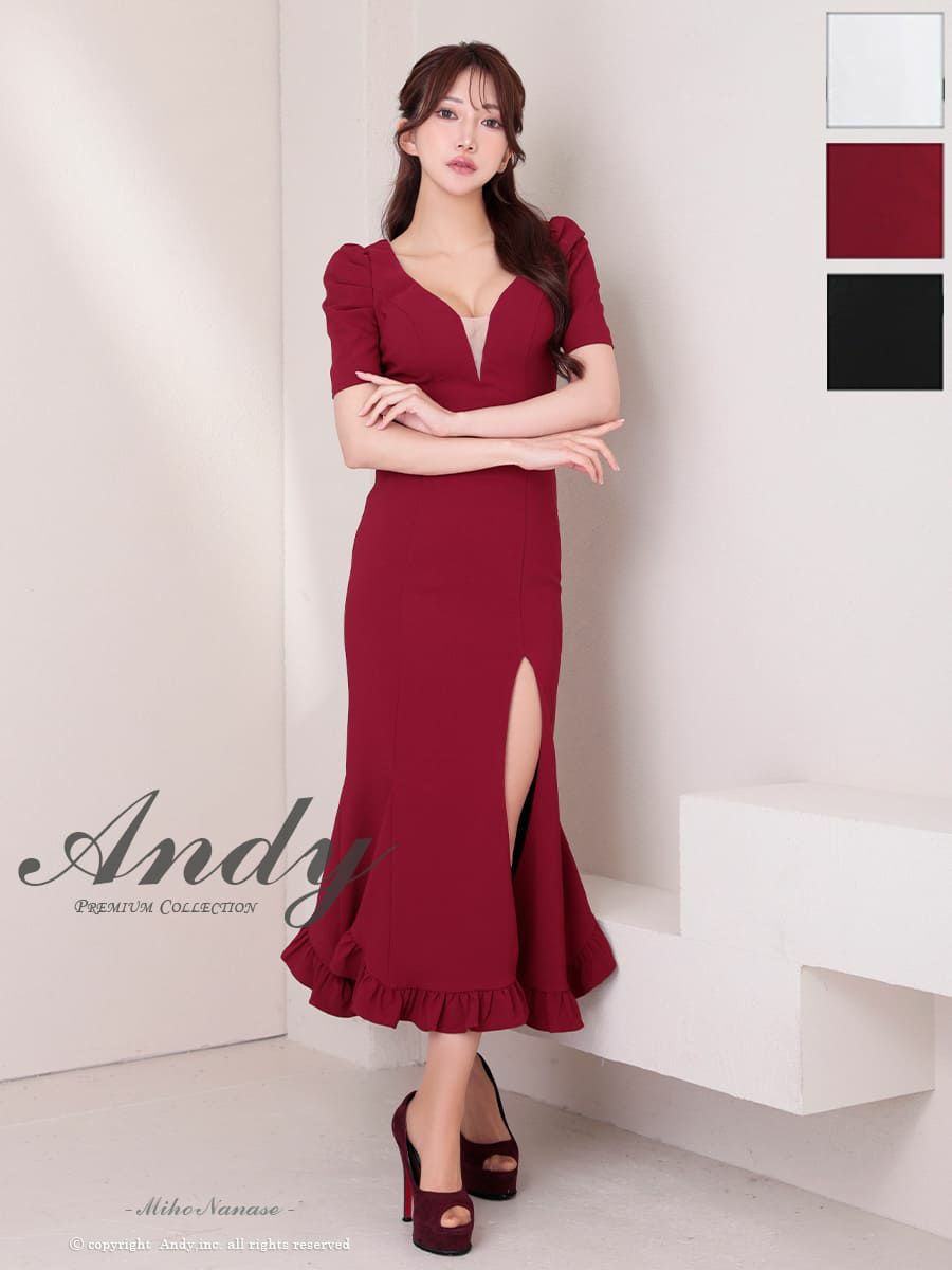 キャバドレス Andy アンディ 半袖 バストシースルー スリット フリル 谷間魅せ マーメイドロングドレス