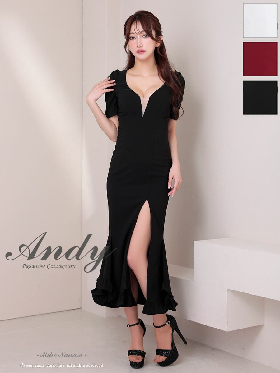 キャバドレス Andy アンディ 半袖 バストシースルー スリット フリル 谷間魅せ マーメイドロングドレス