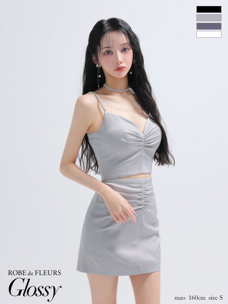 キャバドレス ミニドレス ROBEdeFLEURSGlossy ローブドフルールグロッシー　高級 キャミソール ギャザー セットアップ サテン シンプル タイトミニドレス