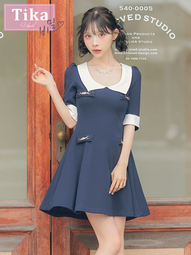 [韓国ドレス] 襟付き 袖あり バイカラー フレアミニドレス (Sサイズ～Lサイズ) (緩苺/キャバドレス着用) [TikaPimil]