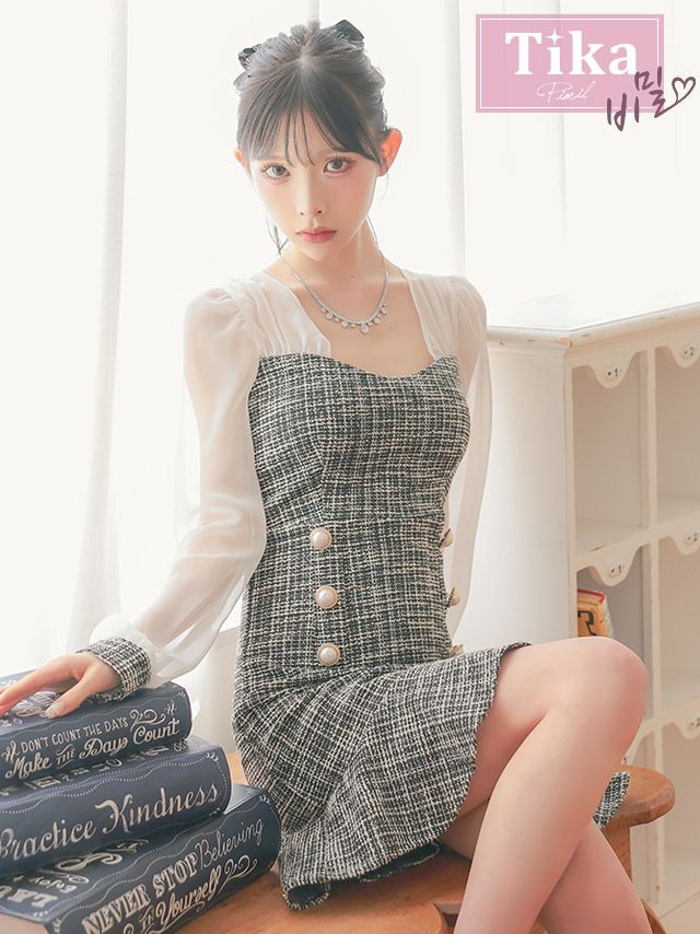 キャバドレス ミニ丈 韓国 大きいサイズ ミニドレス タイト 袖あり ツイード ワンピース