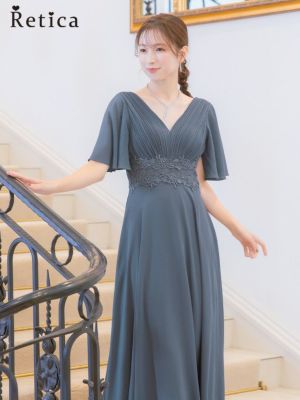 半袖レースウエストマーク胸元プリーツ結婚式パ...