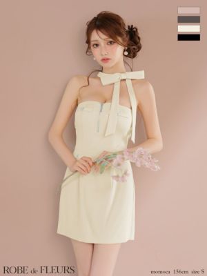 [ROBEdeFLEURS/ローブドフルール] 高級 ホルターネック バストジップ  ネックリボン 谷間魅せ タイトミニドレス