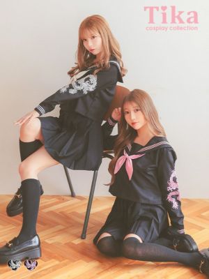 [コスプレ] 龍刺繍入り ミニ丈 体型カバー 袖あり プリーツ フレアスカート セーラー服 [4点セット] (セーラー服上下/スカーフ/ソックス)