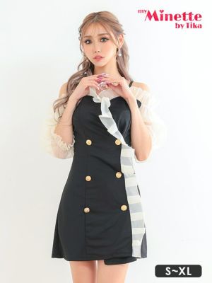 肩あき シースルー 胸元フリル ダブルボタン フレア 袖あり 五部袖 フレアミニドレス (Sサイズ～XLサイズ) (あおぽん/キャバドレス着用) [myMinette/マイミネット]
