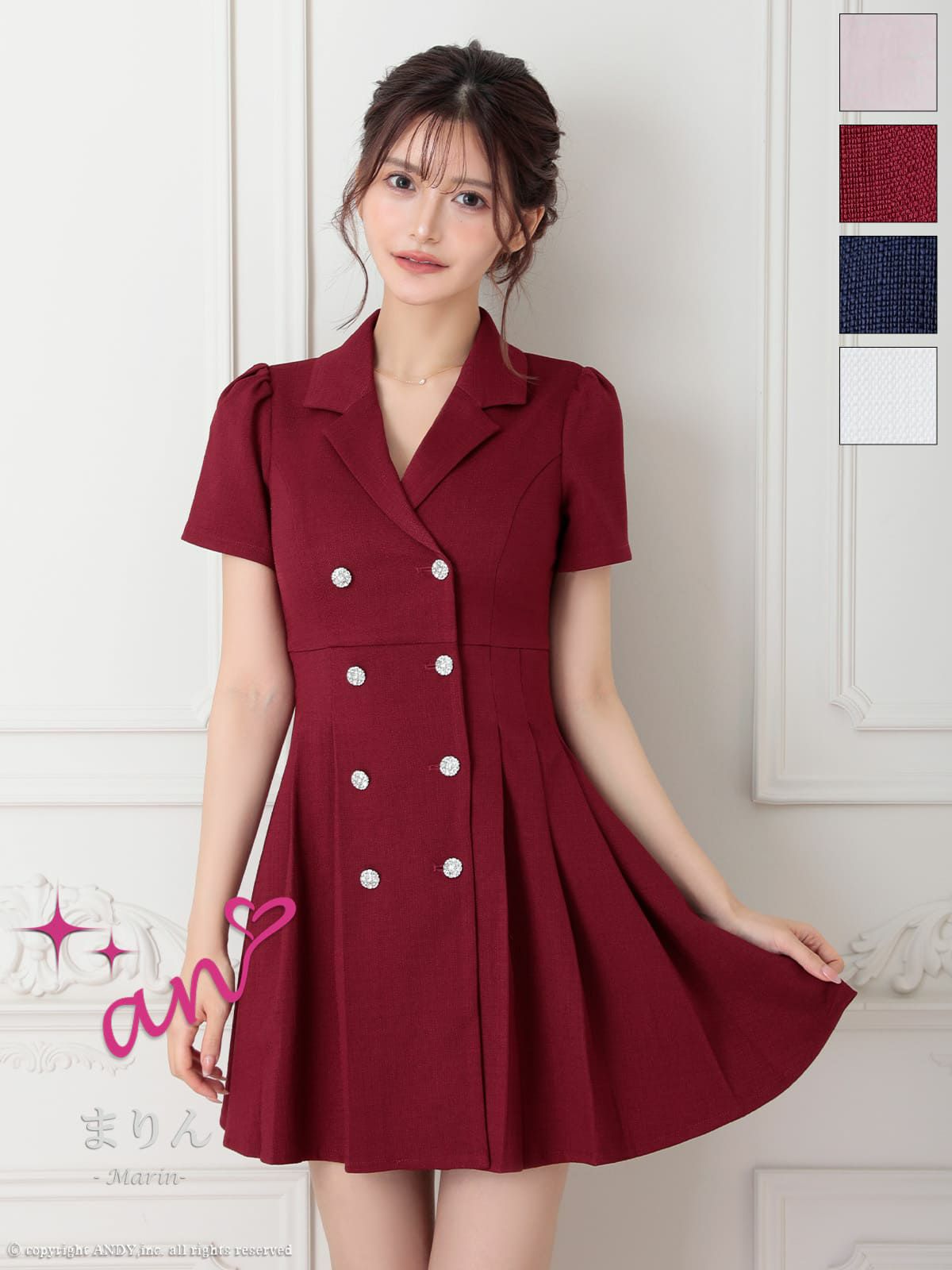 キャバドレス an アン 高級 半袖 襟付き バックカット プリーツ フェミニン フレアミニドレス