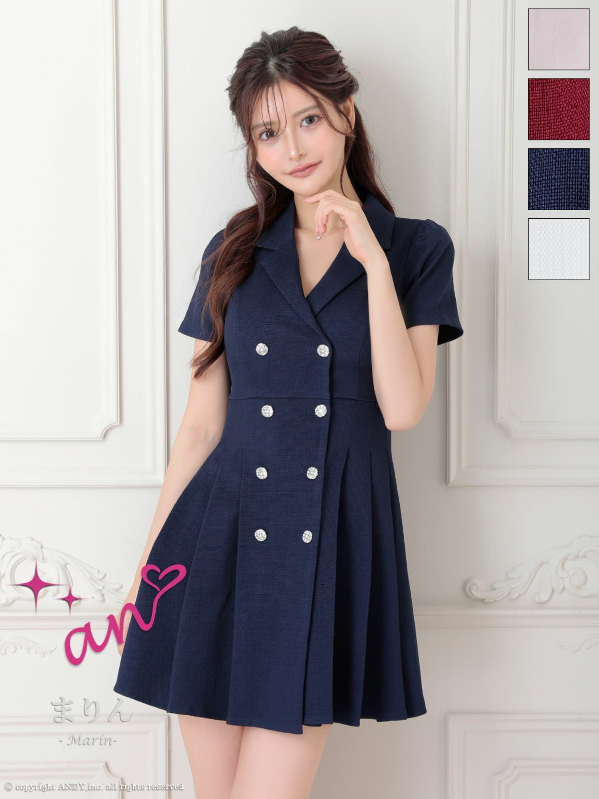 キャバドレス an アン 高級 半袖 襟付き バックカット プリーツ フェミニン フレアミニドレス