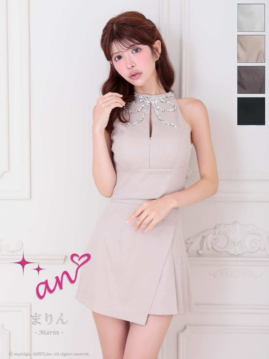 キャバドレス an アン 高級 ノースリーブ ワンカラー セットアップ ジップデザイン スパンコール リボン プリーツ フレア ミニドレス