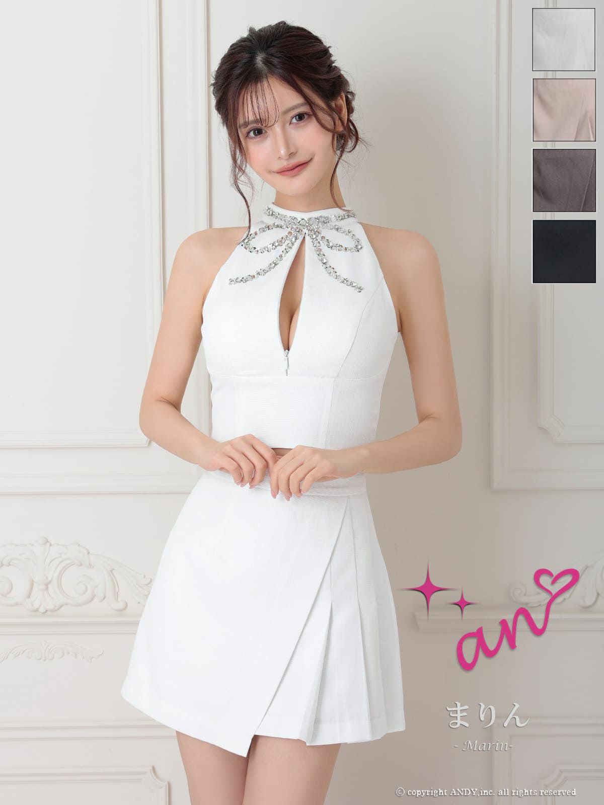 キャバドレス an アン 高級 ノースリーブ ワンカラー セットアップ ジップデザイン スパンコール リボン プリーツ フレア ミニドレス