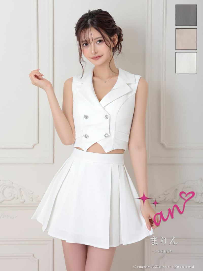 キャバドレス an アン 高級 ノースリーブ 襟付き ワンカラー プリーツ ボタン ポケット フレア ミニドレス