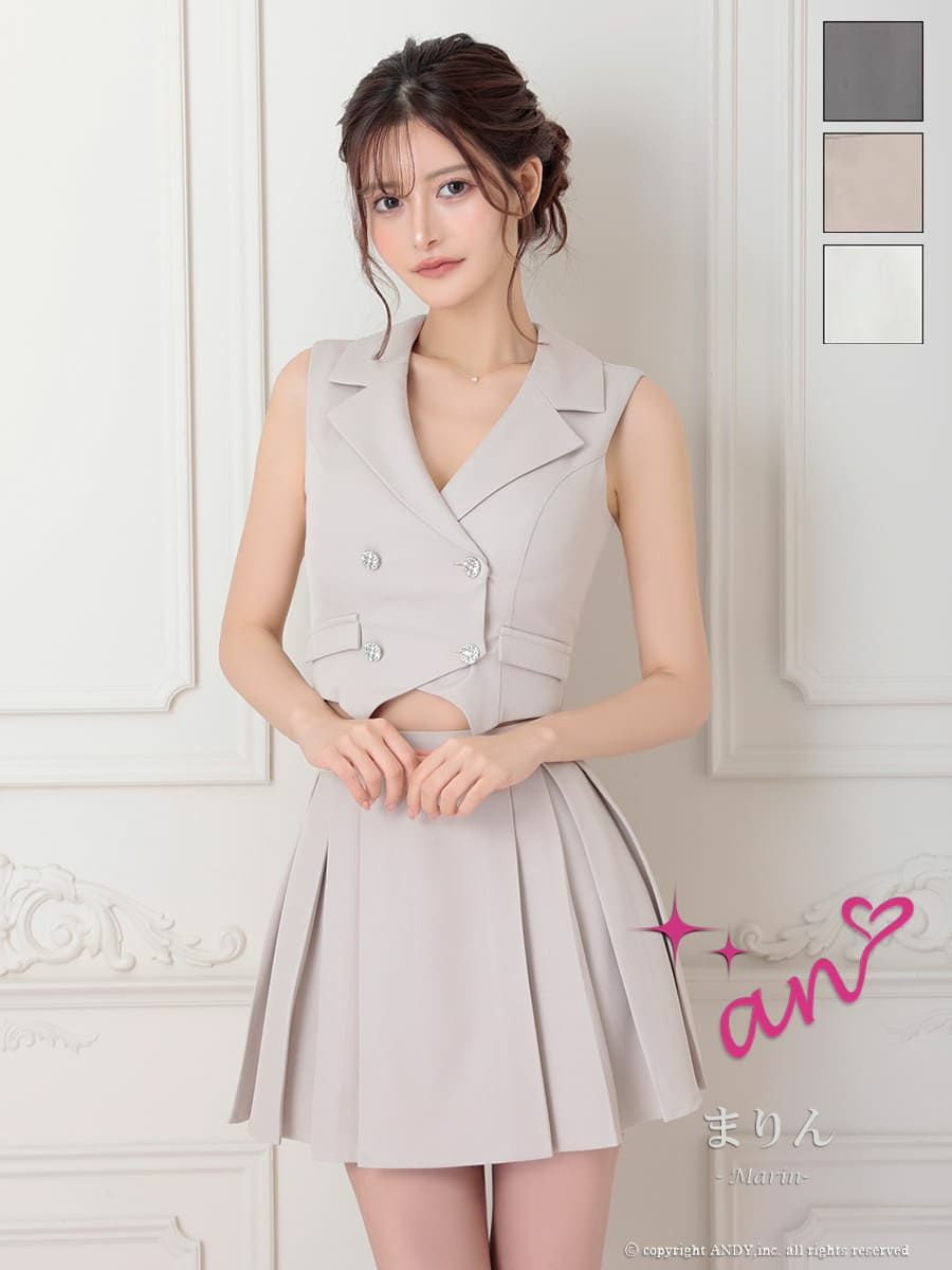 キャバドレス an アン 高級 ノースリーブ 襟付き ワンカラー プリーツ ボタン ポケット フレア ミニドレス