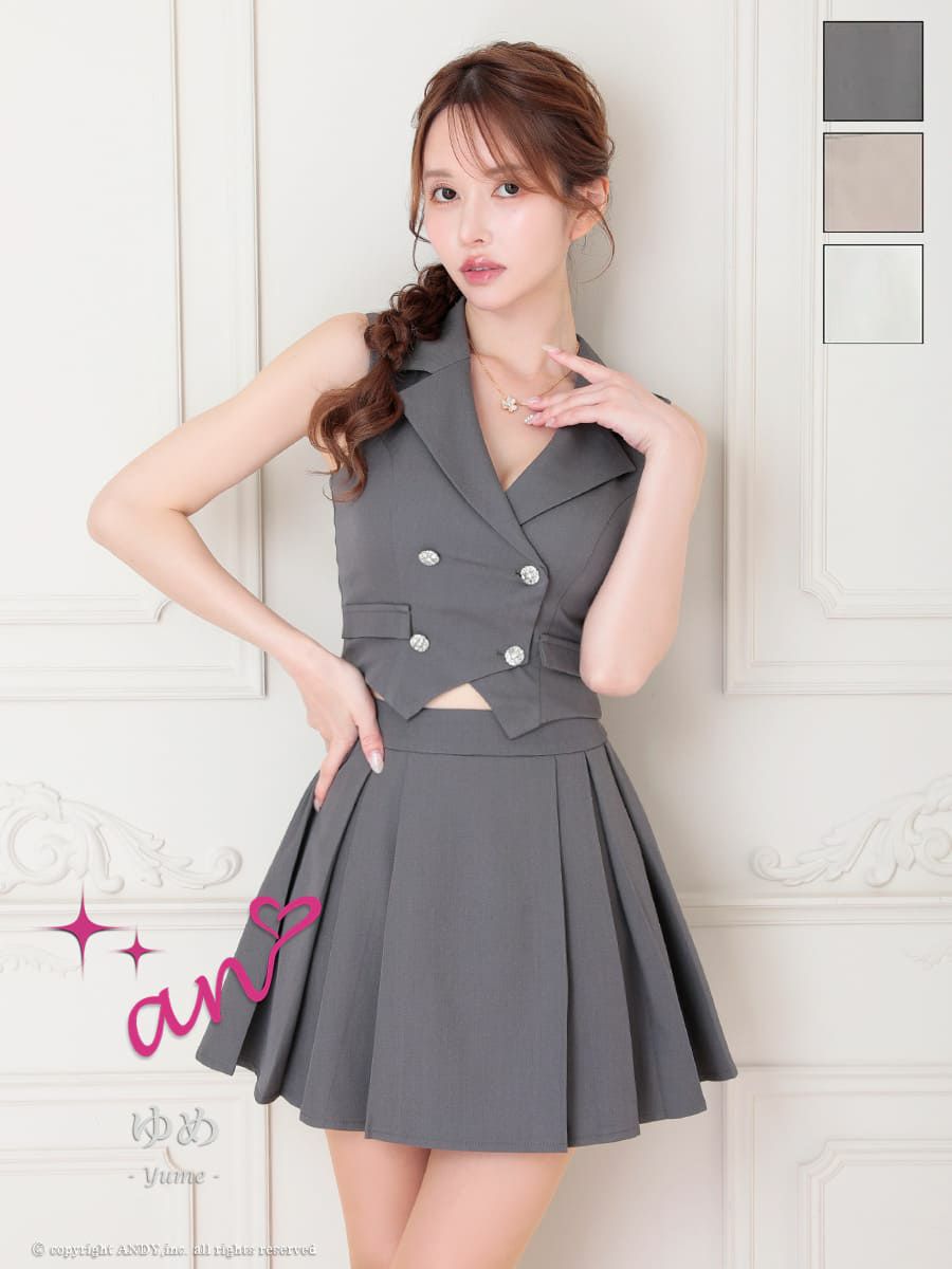 キャバドレス an アン 高級 ノースリーブ 襟付き ワンカラー プリーツ ボタン ポケット フレア ミニドレス