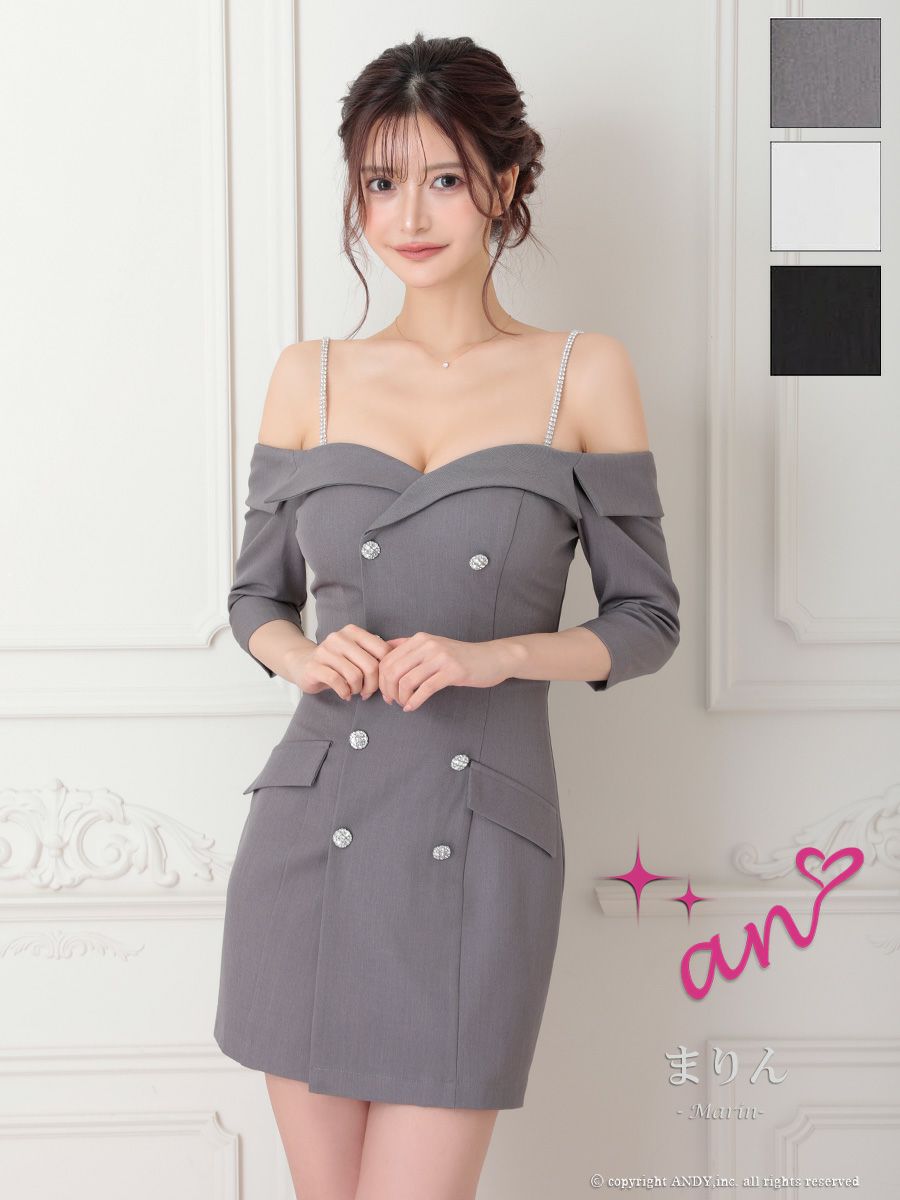 キャバドレス an アン　高級 肩あき 袖あり ボタン ビジューショルダー ジャケット風 タイトミニドレス