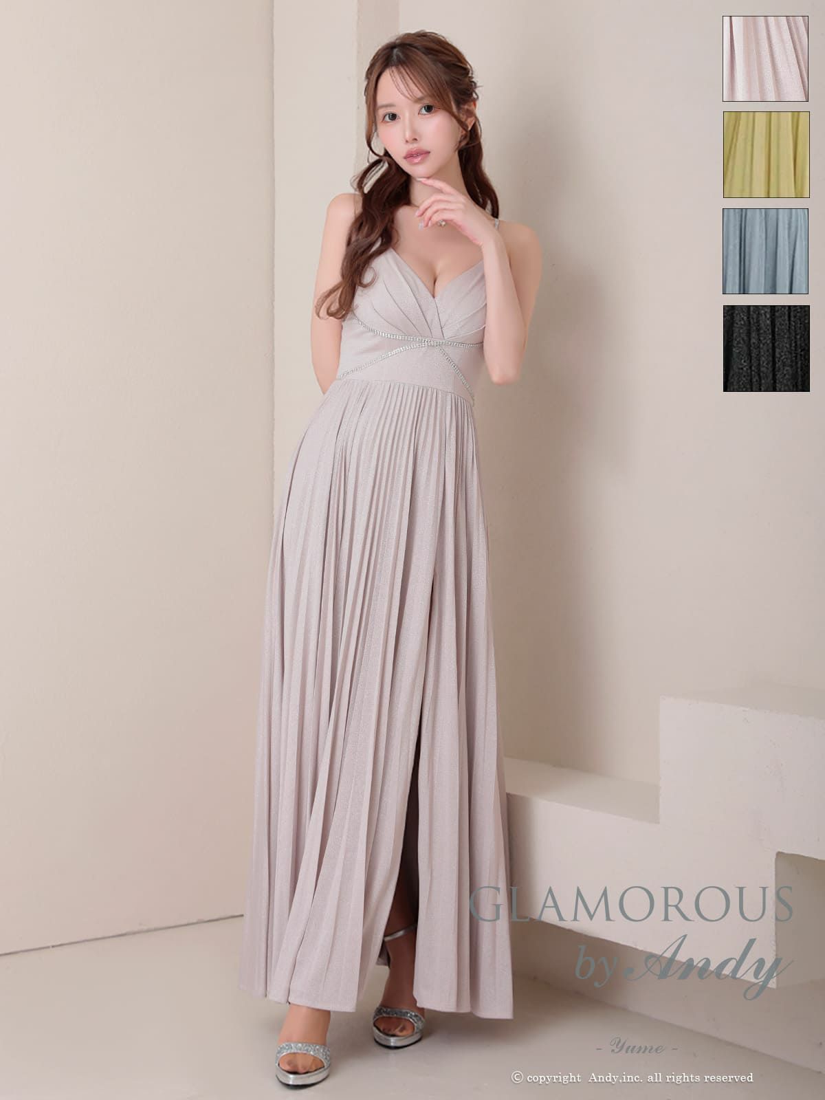 キャバドレス AndyGLAMOROUS アンディグラマラス  高級 キャミソール ワンカラー バストカット ラメ ビジューチェーン タック プリーツ Aライン ロングドレス