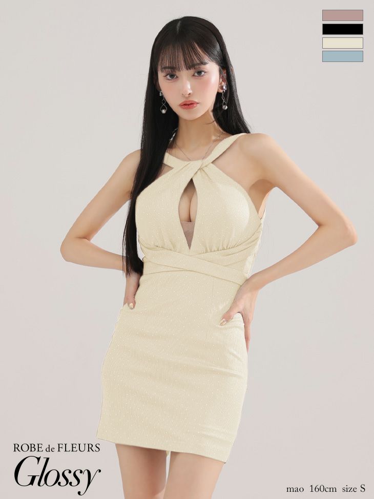 キャバドレス ミニドレス ROBEdeFLEURSGlossy ローブドフルールグロッシー　高級 クロスデザイン ホルターネック ストーン ドット柄 ラメニット バストカット タイトミニドレス