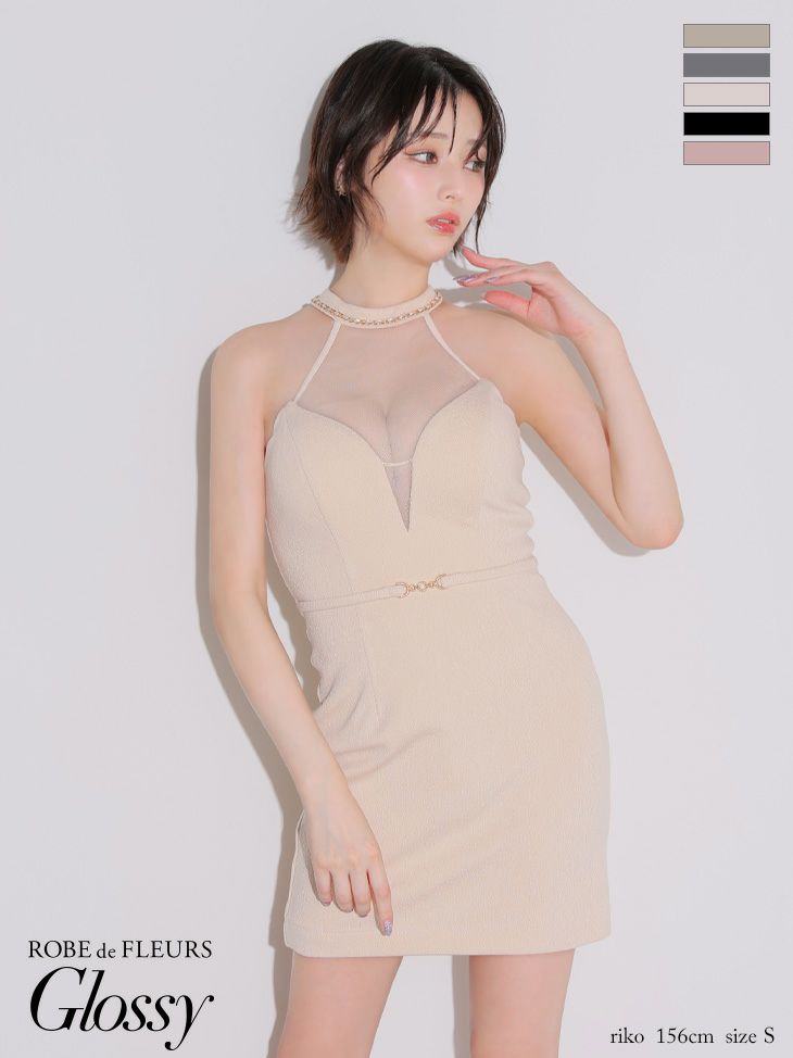 キャバドレス ミニドレス ROBEdeFLEURSGlossy ローブドフルールグロッシー　高級 ブランド タイトミニドレス 大人 ホルターネック ウエストベルト シアーチュールバスト ネックチェーン