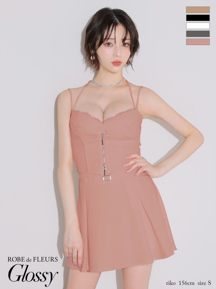 キャバドレス ミニドレス ROBEdeFLEURSGlossy ローブドフルールグロッシー　高級 キャミソール ネックリボン セットアップ ウエストベルト レース ジップ フレアミニドレス