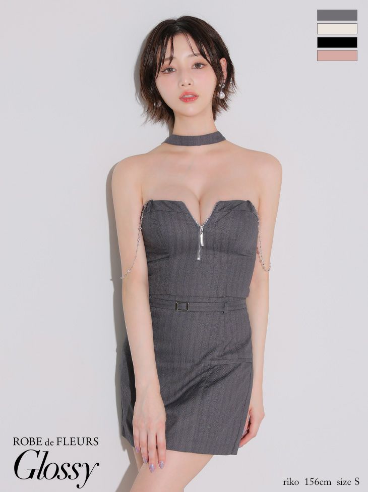 キャバドレス ミニドレス ROBEdeFLEURSGlossy ローブドフルールグロッシー　高級 ベアトップ セットアップ ジップ ウエストベルト チョーカーデザイン チェーン タイトミニドレス
