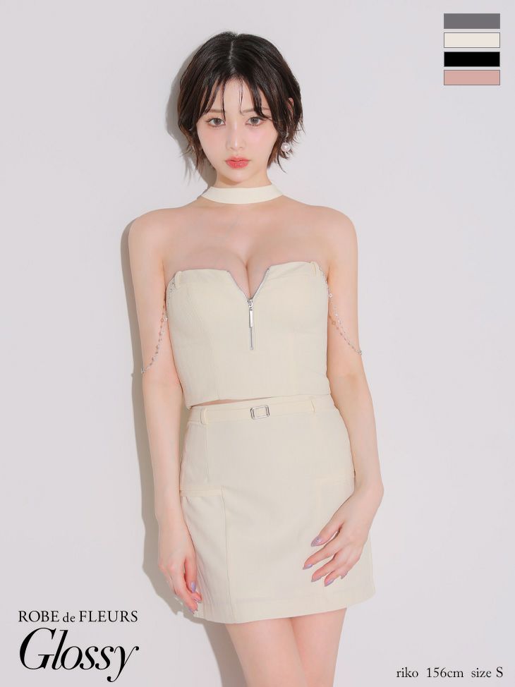 キャバドレス ミニドレス ROBEdeFLEURSGlossy ローブドフルールグロッシー　高級 ベアトップ セットアップ ジップ ウエストベルト チョーカーデザイン チェーン タイトミニドレス