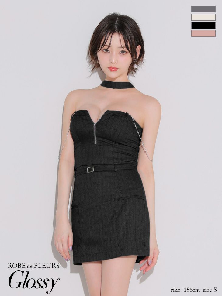 キャバドレス ミニドレス ROBEdeFLEURSGlossy ローブドフルールグロッシー　高級 ベアトップ セットアップ ジップ ウエストベルト チョーカーデザイン チェーン タイトミニドレス