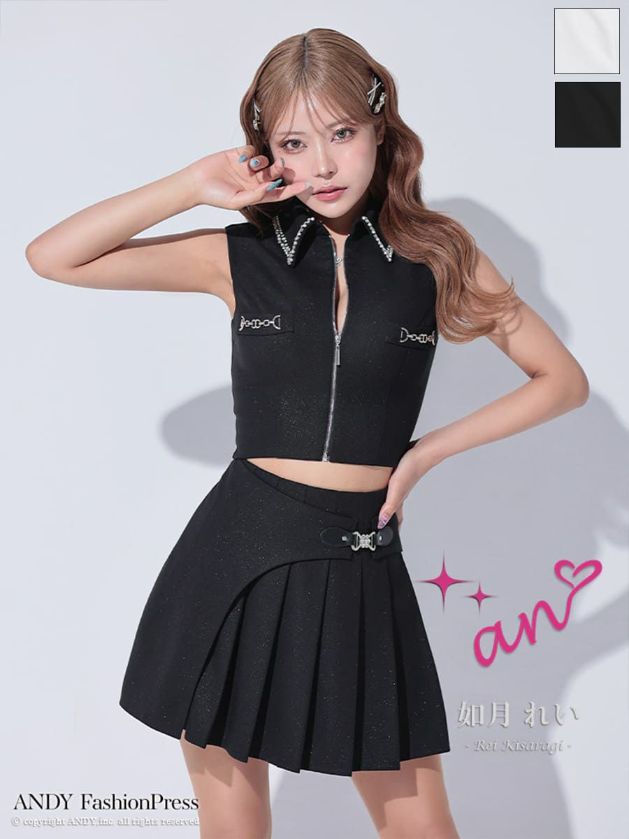 キャバドレス an アン 高級 ノースリーブ ワンカラー セットアップ ジップデザイン 襟付き プリーツ フレア ミニドレス