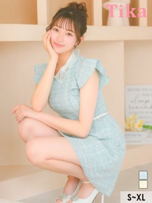 襟付きフラワービジューフリル袖ウエストベルト...