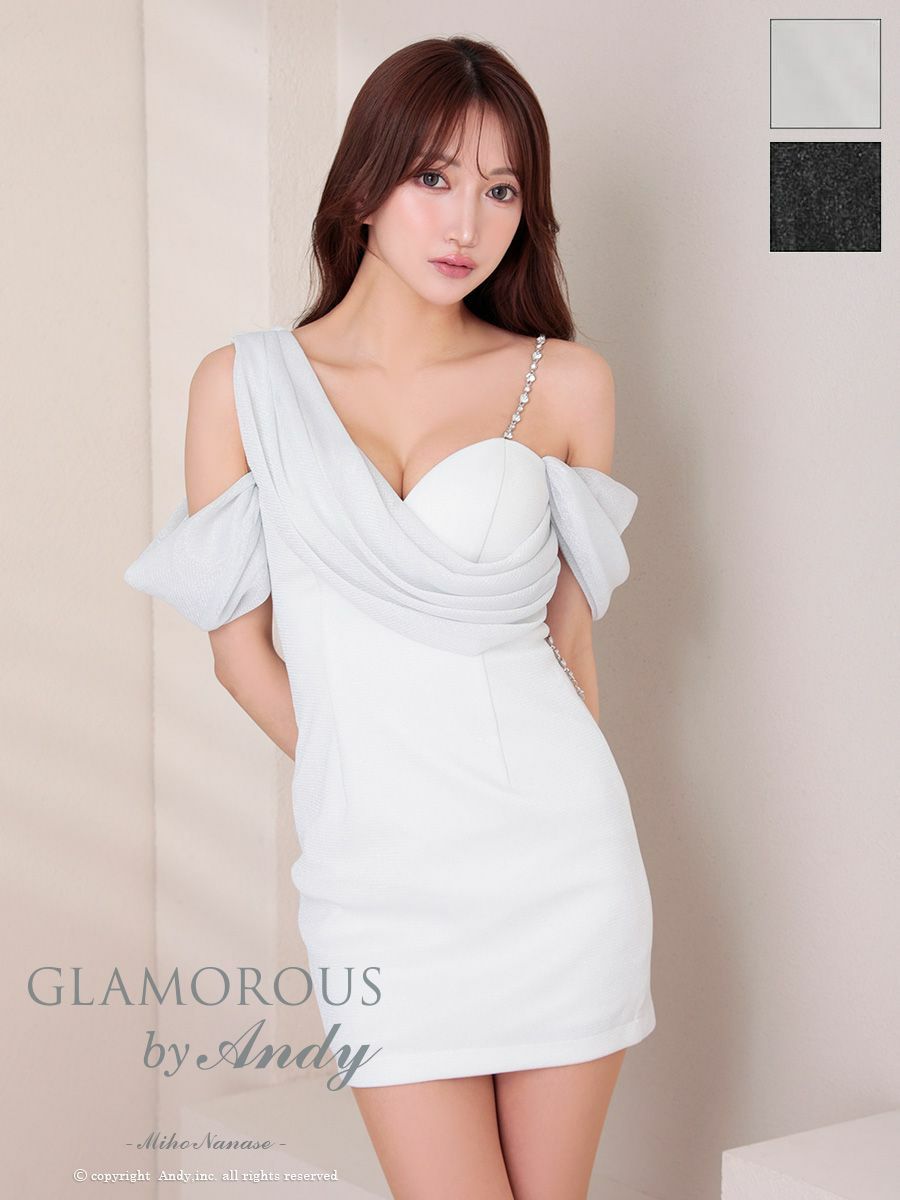 キャバドレス AndyGLAMOROUS アンディグラマラス　高級 2way ワンショルダー くびれ 袖あり ビジューショルダー ラメニット タイトミニドレス