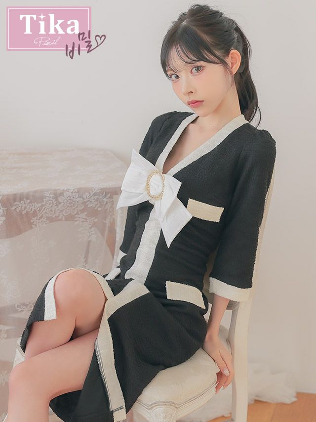 キャバドレス 膝丈 大きいサイズ タイト ミディアムドレス 袖あり ワンピース