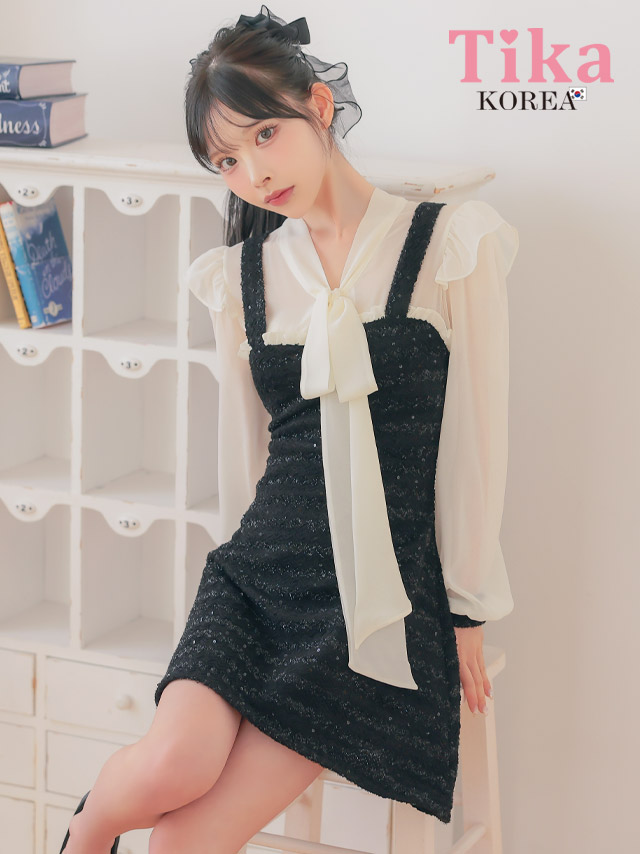 キャバドレス ミニ丈 韓国 大きいサイズ フレア ミニドレス 長袖 ボウタイ ワンピース