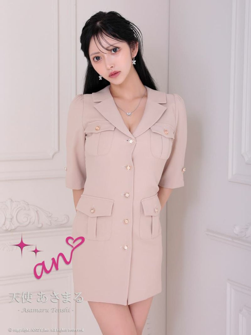 キャバドレス　An アン 高級 袖あり 襟付き ボタン ワンカラー ポケット スリット タイトミニドレス