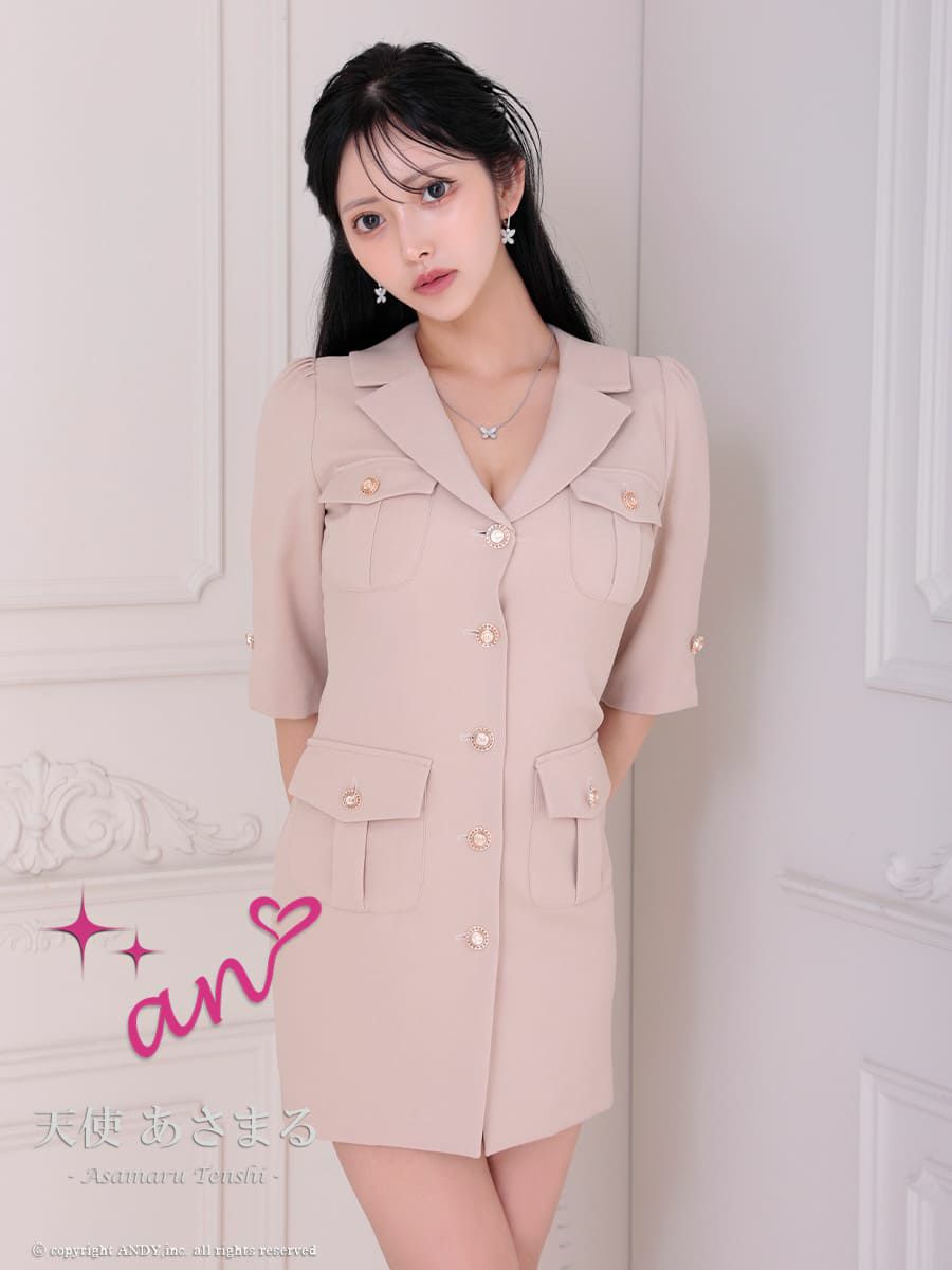 キャバドレス　An アン 高級 袖あり 襟付き ボタン ワンカラー ポケット スリット タイトミニドレス