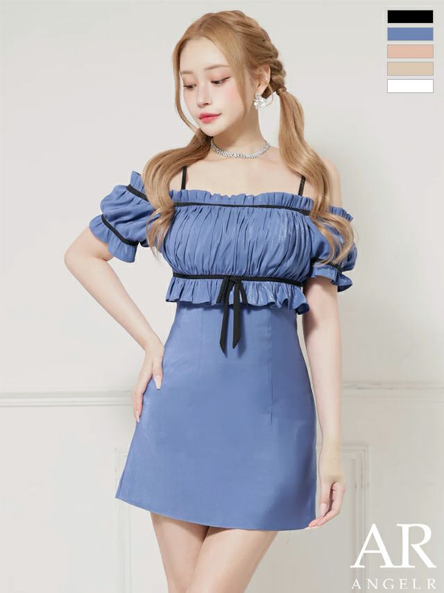 キャバドレス ミニドレス Angel-R エンジェルアール 高級 2way オフショルダー ギャザー リボン ガーリー フレアミニドレス