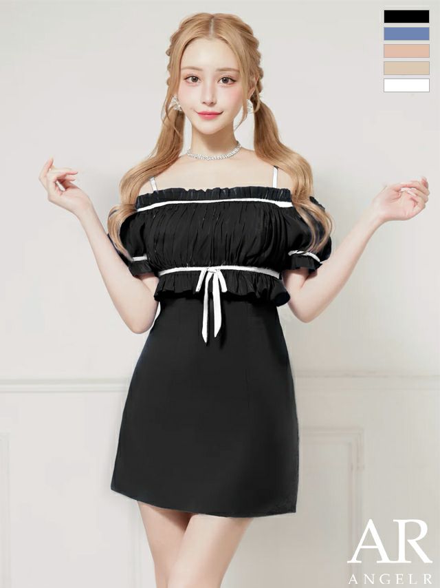 キャバドレス ミニドレス Angel-R エンジェルアール 高級 2way オフショルダー ギャザー リボン ガーリー フレアミニドレス