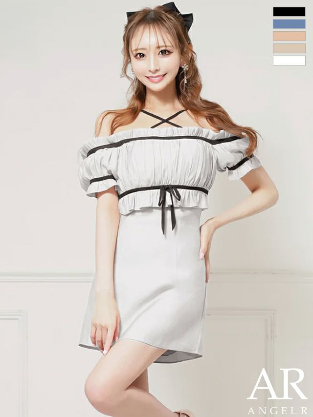 キャバドレス ミニドレス Angel-R エンジェルアール 高級 2way オフショルダー ギャザー リボン ガーリー フレアミニドレス