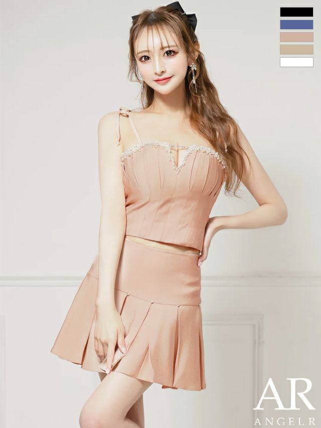 キャバドレス ミニドレス Angel-R エンジェルアール 高級 2way ベアトップ リボンキャミソール セットアップ ビジューパール プリーツ フレアミニドレス