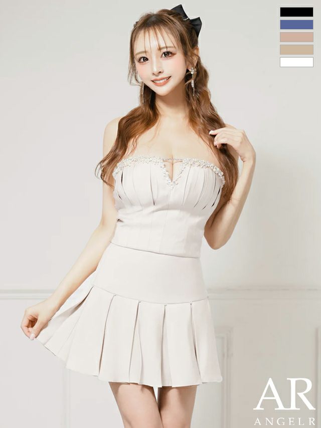 キャバドレス ミニドレス Angel-R エンジェルアール 高級 2way ベアトップ リボンキャミソール セットアップ ビジューパール プリーツ フレアミニドレス