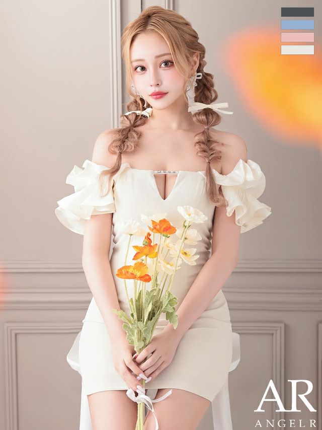 キャバドレス ミニドレス Angel-R エンジェルアール 高級 2way オフショルダー フリルスリーブ チャーム ワンカラー フレアミニドレス