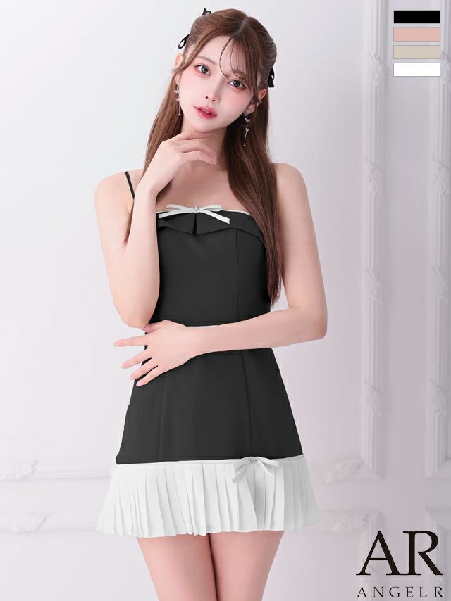 キャバドレス ミニドレス Angel-R エンジェルアール 高級 2way ベアトップ キャミソール リボン バイカラー プリーツ フレアミニドレスキャバドレス ミニドレス Angel-R エンジェルアール 