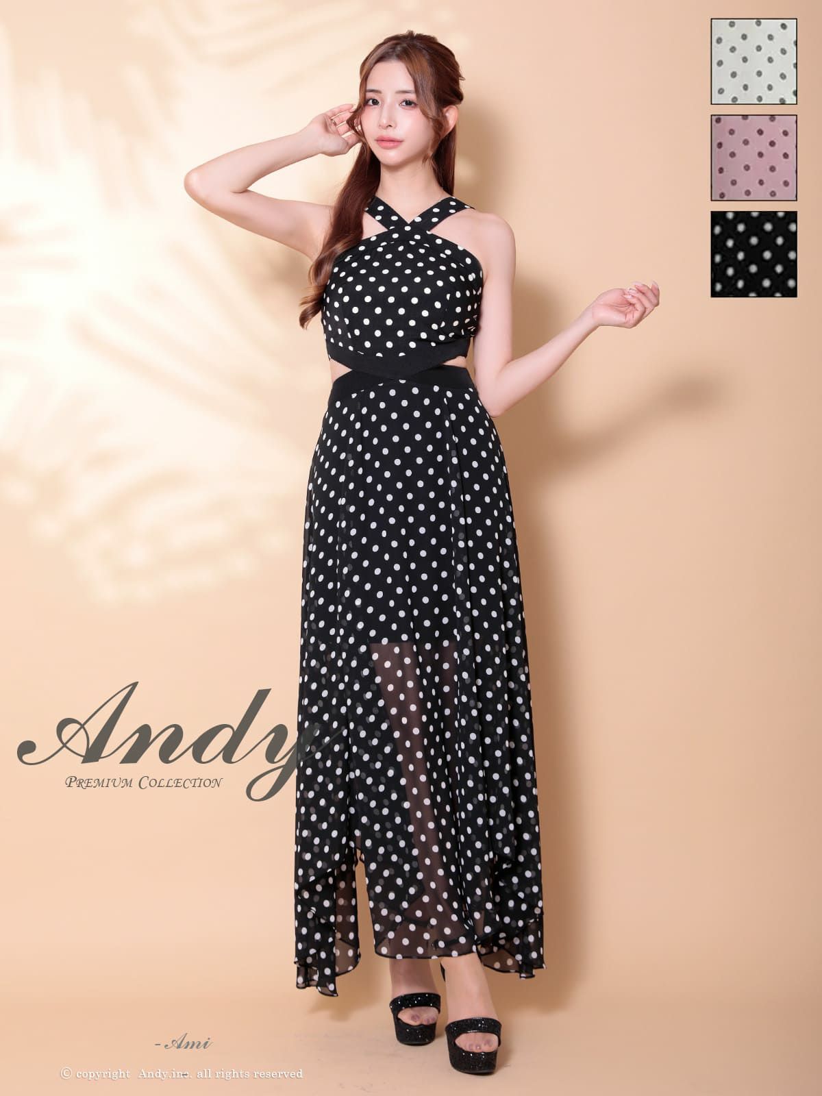 キャバドレス An アン 高級 ノースリーブ ウエストカット ドット クロスデザイン シアー フレア ミニドレス