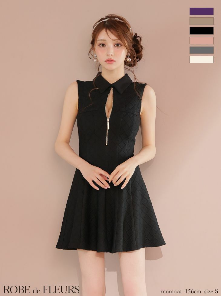 キャバドレス ミニドレス ROBEdeFLEURS ローブドフルール　高級 襟デザイン ノースリーブ ジップ ラメ フェミニン フレアミニドレス