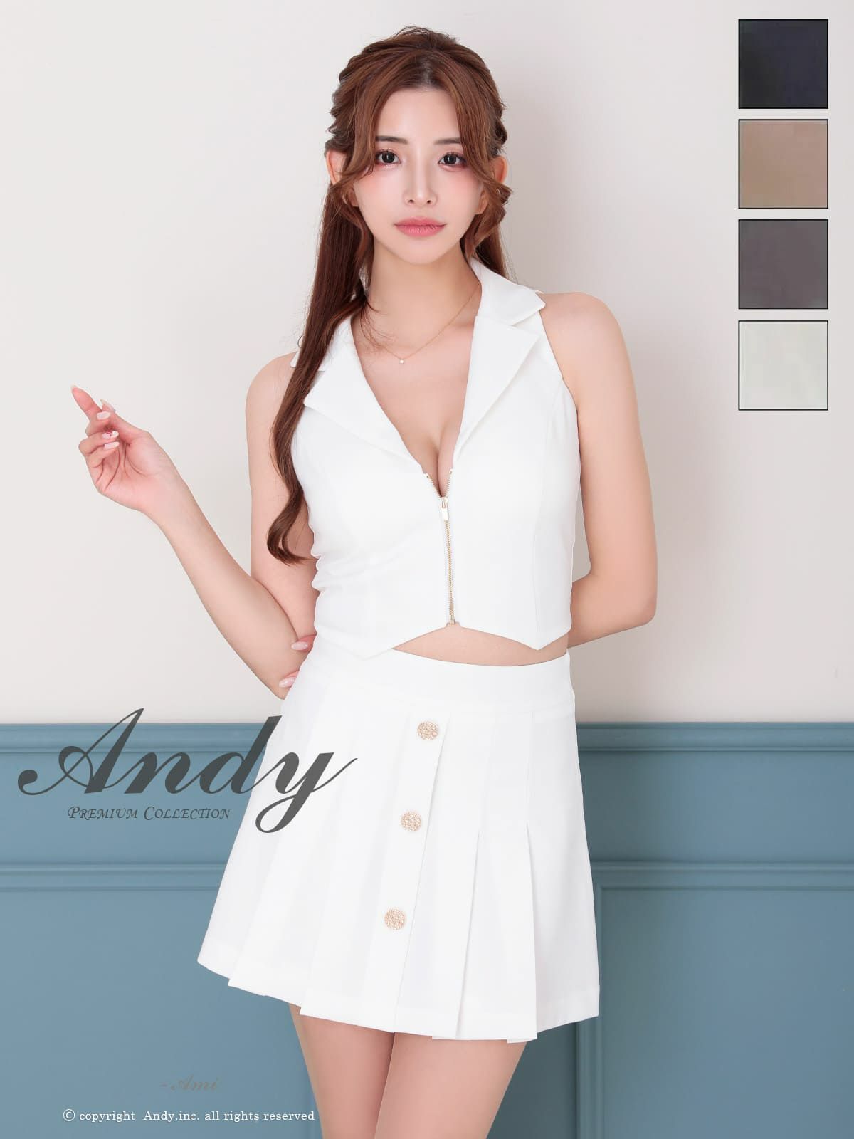 キャバドレス Andy アンディ  高級 ノースリーブ 襟付き プリーツ ジップ ワンカラー セットアップ フレアミニドレス