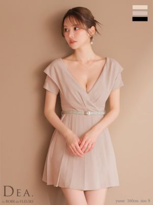 [DEA.byROBEdeFLEURS/ディアバイローブドフルール] 高級 オフショルダー ウエストベルト ツイル シンプル フレアミニドレス