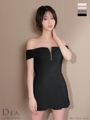 予約商品【7月下旬入荷予定】[DEA.byROBEdeFLEURS/ディアバイローブドフルール] 高級 セットアップ オフショルダー フロントジップ リブ ツイル フレアミニドレス