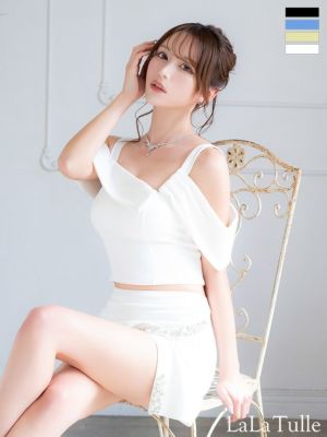 [Angel-R/エンジェルアール] 高級 アシンメトリー 肩あき ビジュー ラップ風 アシメスリット セットアップ タイトミニドレス (伊藤舞雪/キャバドレス着用)
