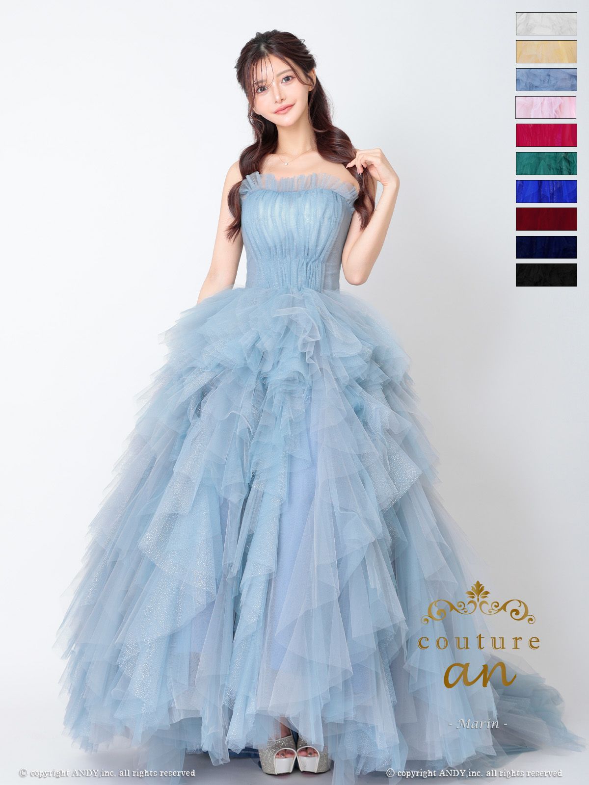 キャバドレス couture an クチュール アン 高級 ブランド バースデー Aラインロングドレス ベアトップ ラメチュール フリルレース ゴージャス