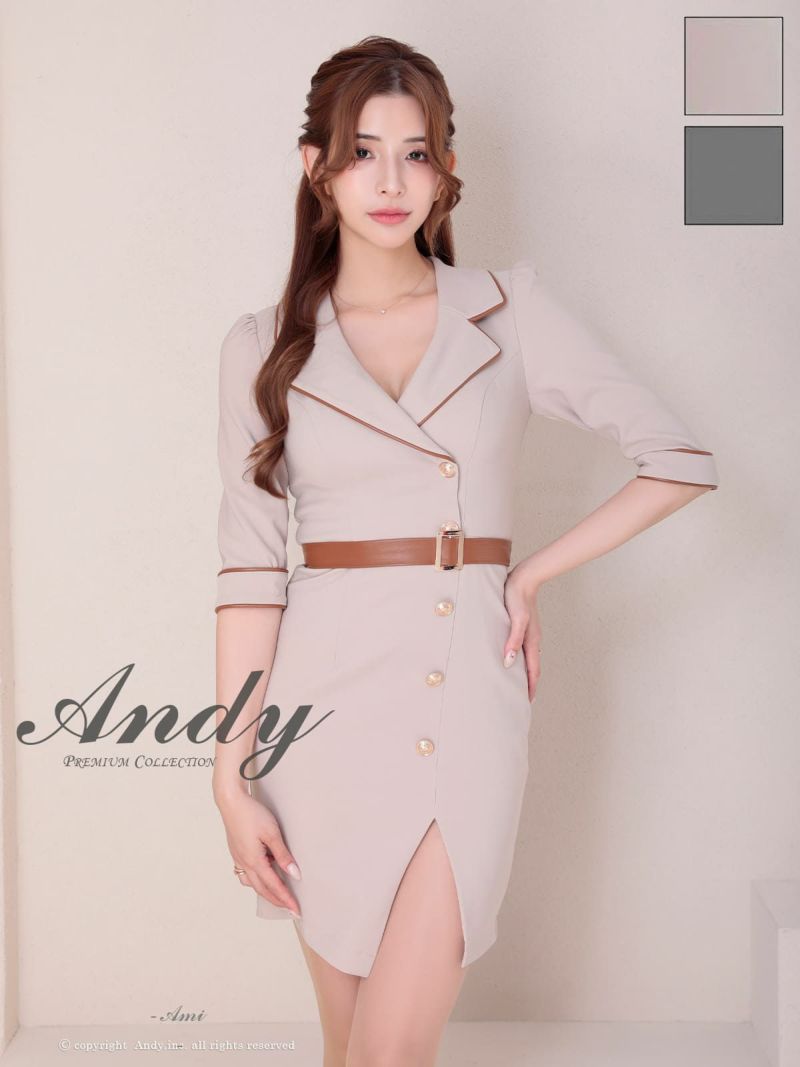 キャバドレス Andy アンディ 　高級 袖あり 五分袖 襟付き スリット ウエストベルト 谷間 タイトミニドレス
