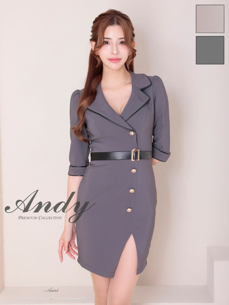 キャバドレス Andy アンディ 　高級 袖あり 五分袖 襟付き スリット ウエストベルト 谷間 タイトミニドレス