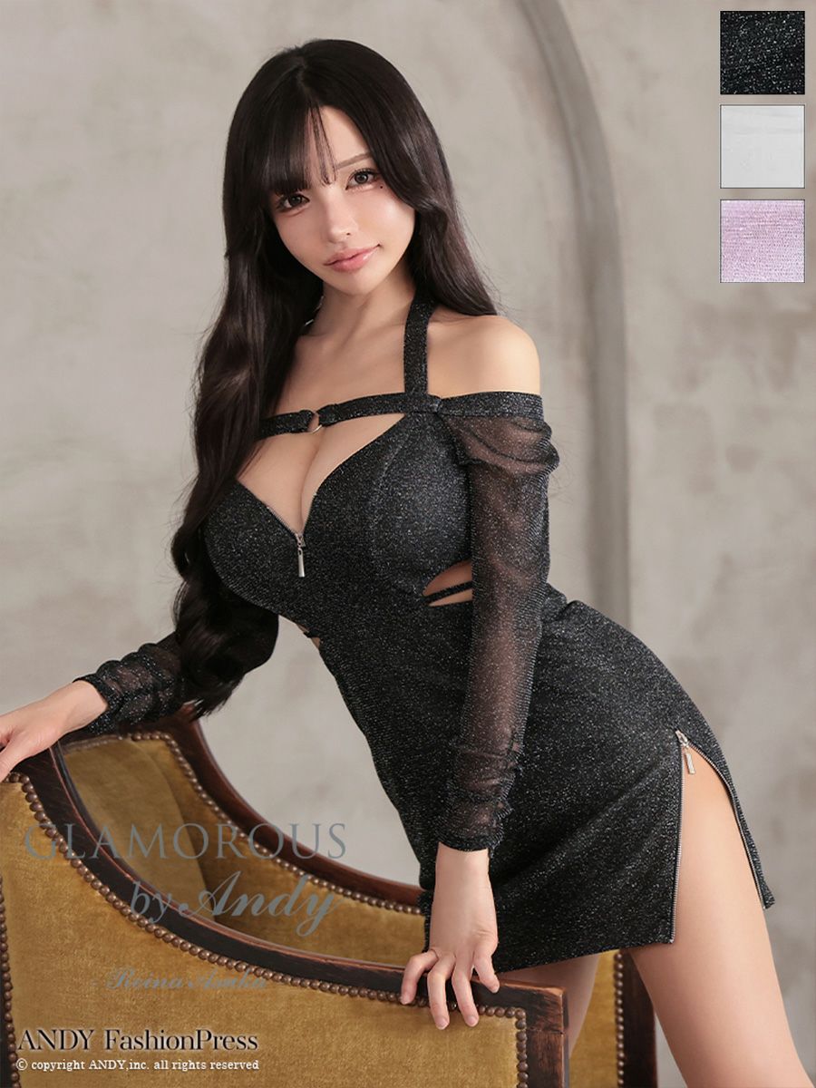 キャバドレス AndyGLAMOROUS  アンディグラマラス  高級 タイト ミニドレス 袖あり 長袖 谷間 オフショルダー 大人